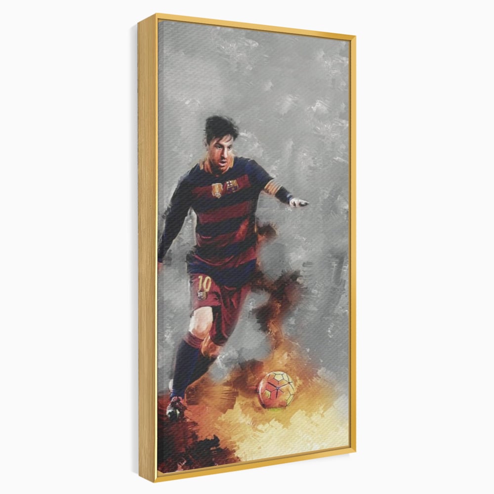 Tablou canvas cu tablou canvas cu fotbalistul lionel messi, in rama de aluminiu auriu